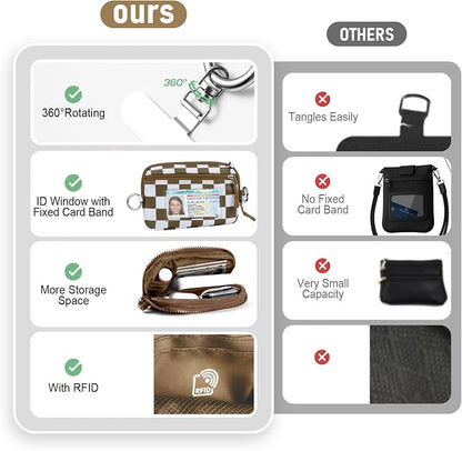 Clip and Go Strap for Phone with Wallet Crossbody Phone Lanyard and Detachable Checkered Bag with ID Window and RFID Pouch for Daily Travel.