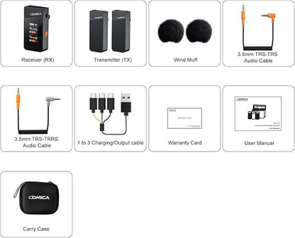 COMICA Vimo C2 Wireless Lavalier Microphone, 2.4G Dual Transmitter Noise Cancellation, 8HR 656FT Wireless Mic for YouTube Video Recording Online Class Live-Stream Vlog on Camera Smartphone PC