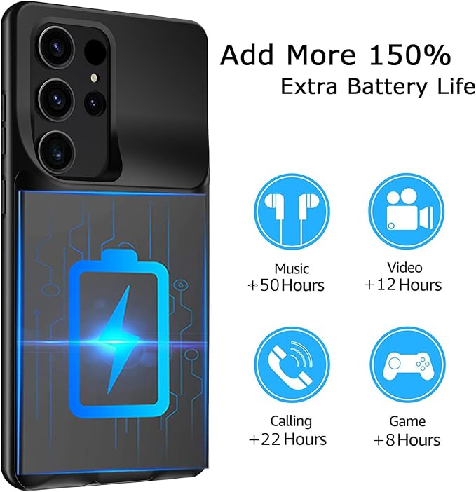 Battery Case for Galaxy S22/S23 Ultra, Upgraded 12000mAh Battery Pack Rechargeable Charger Case with Wireless Charging Compatible for Galaxy S22/S23 Ultra (6.8 inch) External Charging Cover (Black)