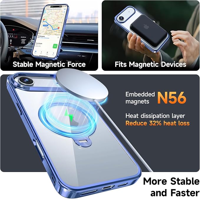 [Tri-Shield Protection] for iPhone Air Case with 360° Spin Stand Compatible with MagSafe [Magnetic CD Ring] [Screen & Camera Lens Protector] Shockproof Plating Never-Yellowing, Blue-6.5"