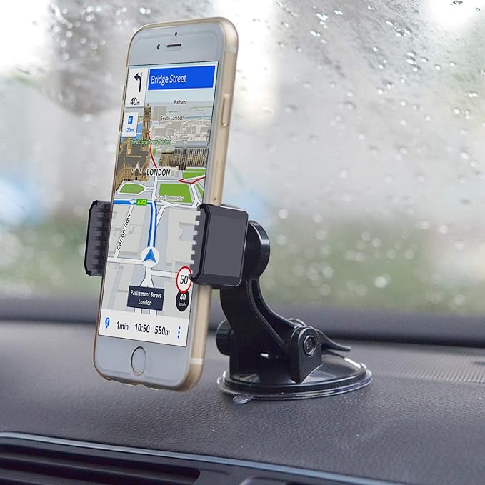APPS2Car Suction Cup Phone Holder for Car with Adjustable Arm, Low Profile Dashboard Phone Mount Compact Windshield Window Dash Mobile Stand Compatible w/All iPhone and Android Cell Phones