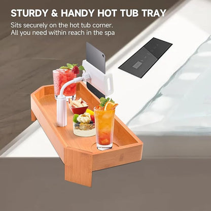 POOLCOMFT Bamboo Hot Tub Tray Table with Adjustable Nonslip Phone Holder, Bath Table Tray Drink Holder for Spa Bathtub, Hot Tub Accessories for Adults, Relaxing Must Have Bath Caddy