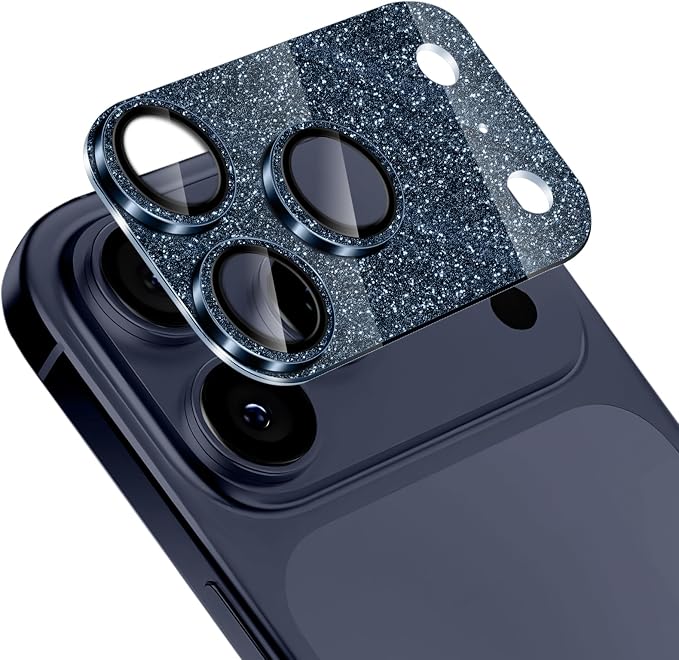 Camera Lens Protector for iPhone 17 Pro, Bling Glitter Camera Cover with 9H Tempered Glass Metal Ring, Anti-Scratch Lens Protector for iPhone 17 Pro (Glitter - Blue)