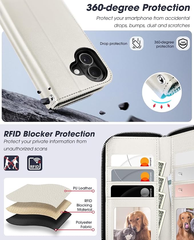 OCASE for iPhone 17 Crossbody Detachable Wallet Case, PU Leather Handbag Phone Purse with Zipper Closure, Card Slots & RFID Blocking, Wrist Strap, Lanyard, Kickstand, Cream
