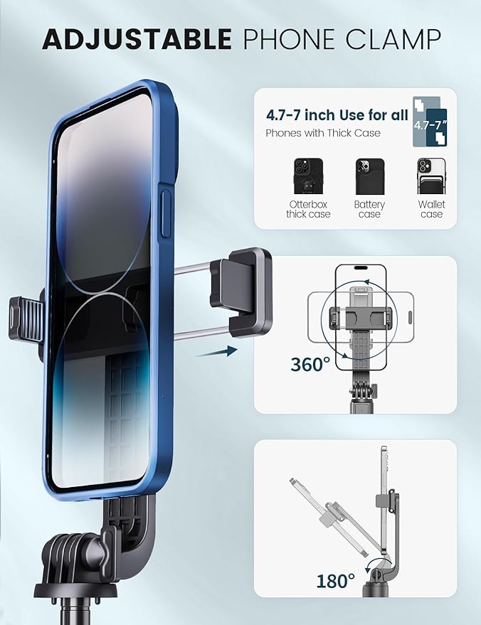 Selfie Stick Tripod with Fill Light and Stable Base, Extendable Phone Tripod with Detachable Wireless Remote, 50" Travel Stand for Cell Phone Film & Vlog Compatible with iPhone Android Gopro