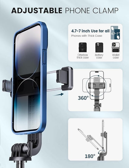 Selfie Stick Tripod with Fill Light and Stable Base, Extendable Phone Tripod with Detachable Wireless Remote, 50" Travel Stand for Cell Phone Film & Vlog Compatible with iPhone Android Gopro
