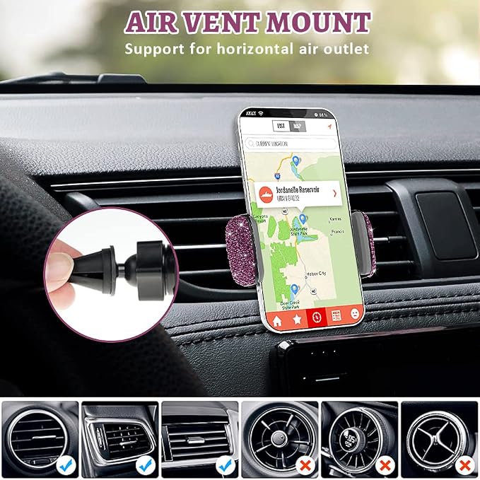eing Car Phone Mount Cell Phone Holder with One More Air Vent Base,Bling Crystal Universal Phone Mount Holder Cradle for Dashboard,Windshield and Air Vent,Purple