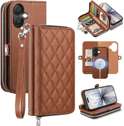 OCASE for iPhone 17 Crossbody Detachable Wallet Case, PU Leather Handbag Phone Purse with Zipper Closure, Card Slots & RFID Blocking, Wrist Strap, Lanyard, Kickstand, Diamond Check Brown