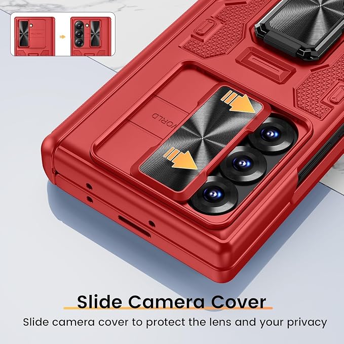 VEGO for Galaxy Z Fold 6 Case with Screen Protector &Hinge Protection-Red | Built-in Slide Camear Cover & 360° Ring Stand Case Heavy Duty Drop Protection Cover for Samsung Galaxy Z Fold 6 5G 2024