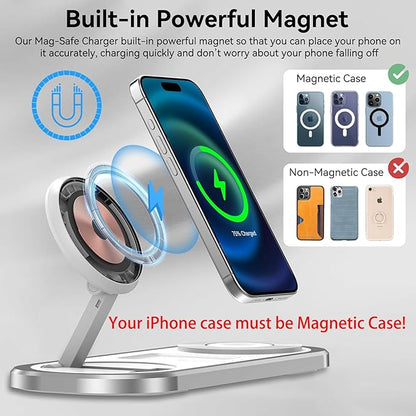 3 in 1 Fast Wireless Charger Stand for iPhone, Foldable Travel Charging Station for Magsafe for iPhone 17/Air/16/15/14/13/12 Series, Apple Watch Series, AirPods pro/2/3/4, Gifts for Women Men (Silver)
