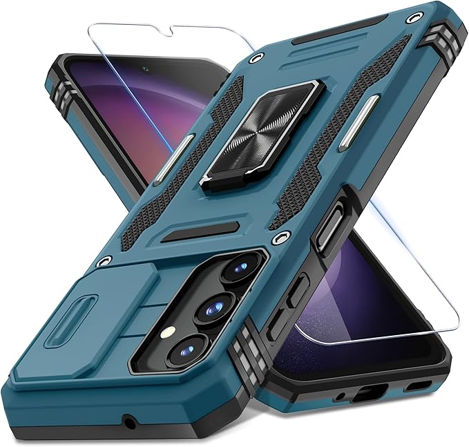 DEERLAMN Case for Samsung Galaxy A16 5G with Slide Camera Cover+Screen Protector (1 Pack), Rotated Ring Kickstand Military Grade Shockproof Protective Cover-Light Blue