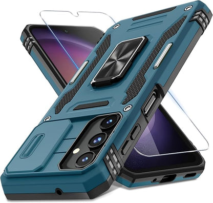 DEERLAMN Case for Samsung Galaxy A16 5G with Slide Camera Cover+Screen Protector (1 Pack), Rotated Ring Kickstand Military Grade Shockproof Protective Cover-Light Blue