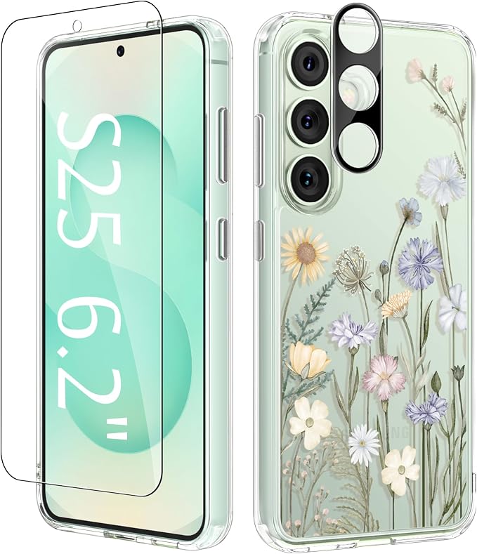 GVIEWIN for Samsung Galaxy S25 Case, Clear Floral Slim Shockproof Protective Women Phone Case, Non-Yellowing, with Screen Protector & Camera Lens Protector for Galaxy S25 6.2", Vibrant Spring