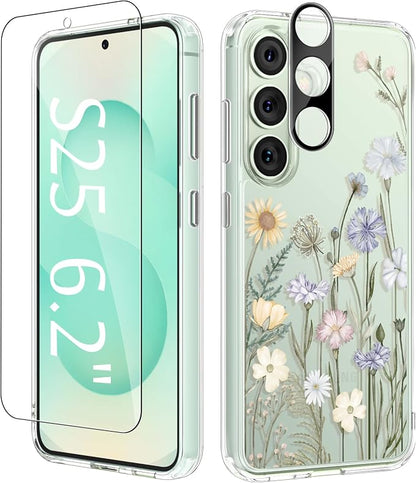 GVIEWIN for Samsung Galaxy S25 Case, Clear Floral Slim Shockproof Protective Women Phone Case, Non-Yellowing, with Screen Protector & Camera Lens Protector for Galaxy S25 6.2", Vibrant Spring