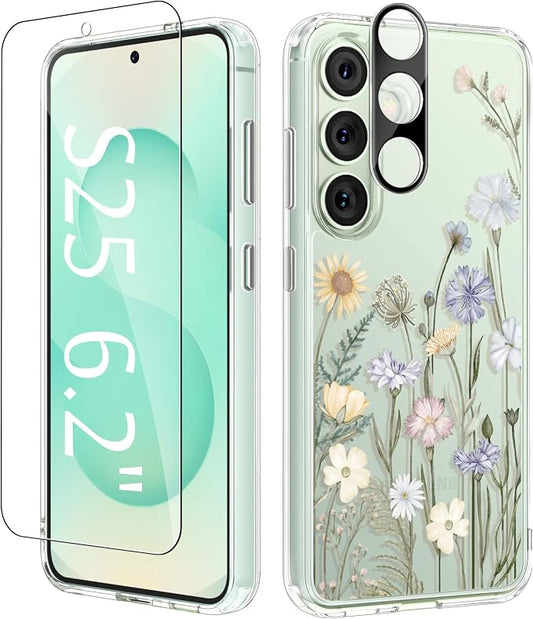 GVIEWIN for Samsung Galaxy S25 Case, Clear Floral Slim Shockproof Protective Women Phone Case, Non-Yellowing, with Screen Protector & Camera Lens Protector for Galaxy S25 6.2", Vibrant Spring