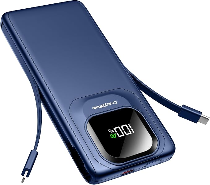 Portable Charger with Built-in Cables,22.5W Super Fast Charging Power Bank Slim Phone Charger,10000mAh Travel Battery Pack Battery Bank with Smart LED Display for iPhone, Android & USB-C (Blue)