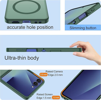 Pilaru for Samsung Galaxy Z Flip 7 case [Compatible with Magsafe] Translucent Matte Magnetic Phone Case,Slim Thin Duty Shockproof Protection Cover with 2pc HD Screen Protector-Dark Green