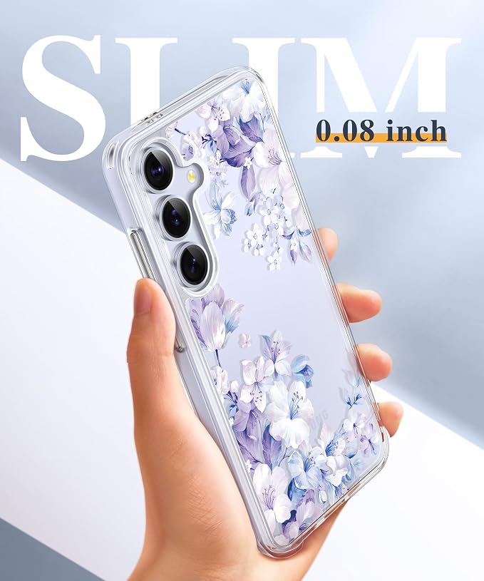 GVIEWIN for Samsung Galaxy S25 Case, Clear Floral Slim Shockproof Protective Women Phone Case, Non-Yellowing, with Screen Protector & Camera Lens Protector for Galaxy S25 6.2", Foliolosa/Blue