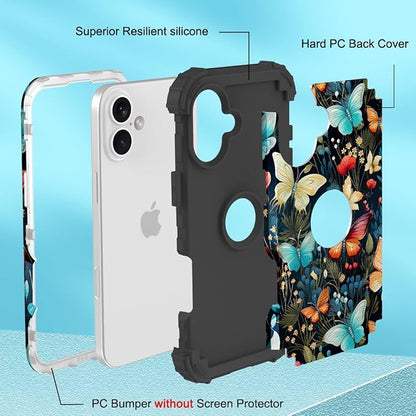 Hocase for iPhone 17 Case 6.3", Heavy Duty Shockproof Protection Soft Silicone Rubber+Hard Plastic Bumpers Hybrid Protective Case for iPhone 17 2025 - Joyful Butterfly
