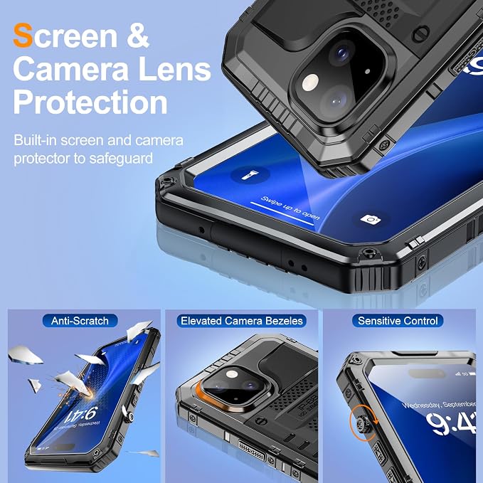 Mitywah Waterproof Case for iPhone 15 Plus, Heavy Duty Shockproof Case with Built-in Screen Protector, Full Body Underwater Protective Metal Case 6.7 inch, Black