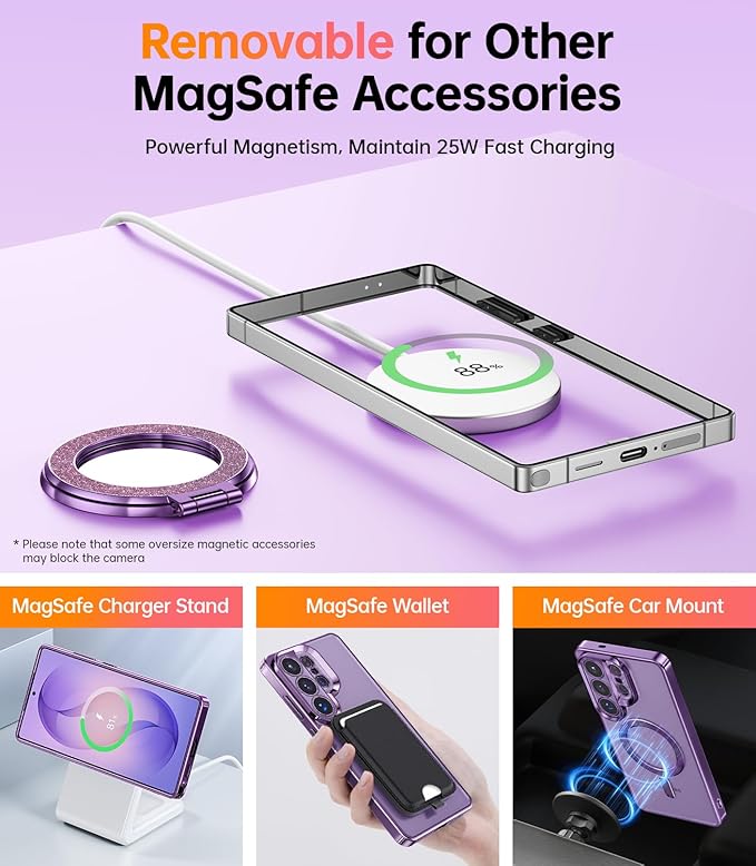 Meifigno Magnetic Case for Samsung Galaxy S26 Ultra 6.9" + Removable Phone Grip Kit, [Phone Ring Holder with Built-in Mirror] [Compatible with MagSafe] [Glitter Card & Wrist Strap], Cobalt Violet