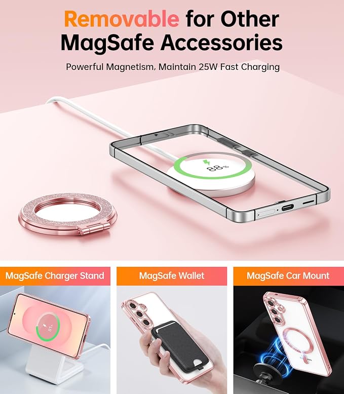 Meifgino Magnetic Case with Removable Phone Ring Stand for Samsung Galaxy S25 Plus, [Glitter Card & Wrist Strap] [MagSafe Compatible] [Built in Mirror] Phone Ring Stand + Phone Case Kit, Rose Gold