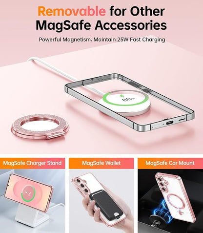 Meifgino Magnetic Case with Removable Phone Ring Stand for Samsung Galaxy S25 Plus, [Glitter Card & Wrist Strap] [MagSafe Compatible] [Built in Mirror] Phone Ring Stand + Phone Case Kit, Rose Gold