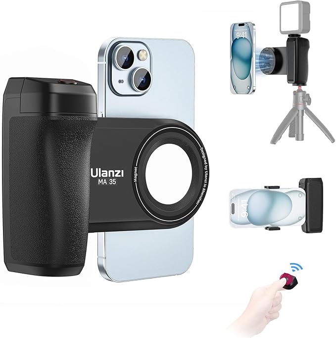 ULANZI Selfie Phone Tripod Mount MA35, 2-in-1 Magnetic & Phone Clip Camera Grip Handle Holder with Detachable Remote Shutter with Cold Shoe Adapter for iPhone 15 16 17 Samsung Video Shooting