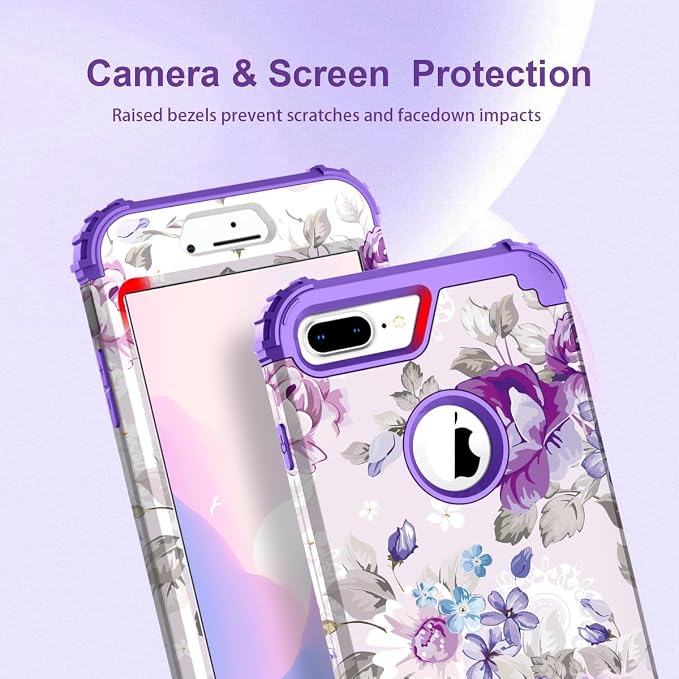 Hocase Heavy Duty Shockproof Protection Hard Plastic+Silicone Rubber Hybrid Protective Case for iPhone 7 Plus/iPhone 8 Plus - Lavender Flowers