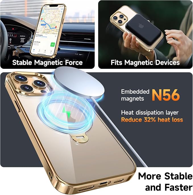 [Tri-Shield Protection] for iPhone 13 Pro Max Case with 360° Spin Stand Compatible with MagSafe [Magnetic CD Ring] [Screen & Camera Lens Protector] Shockproof Plating Never-Yellowing, Gold-6.7"