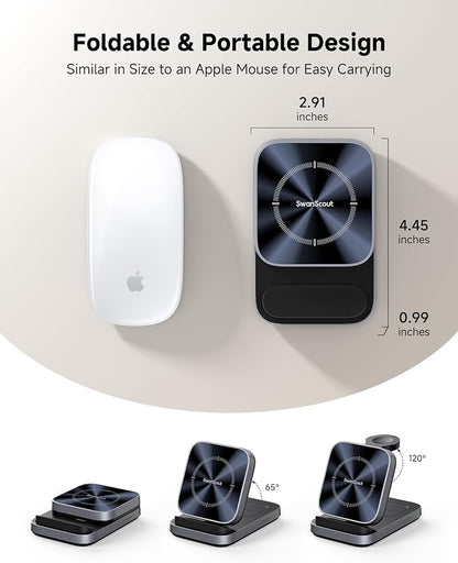 iPhone Standby Mode Wireless Charger for iPhone 17-14 Series (Horizontal Only), Foldable 3-in-1 Charging Station for Apple Watch Ultra 2/11/10/9/8 & AirPods 4/Pro 3/Pro 2, SwanScout 713A (No Adapter)
