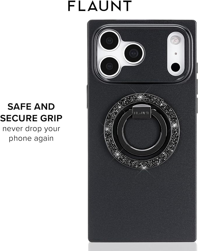 Flaunt MagSafe Ring Phone Stand - Limited Edition Magnetic Phone Grip - Slim, Collapsible Ring Holder & Stand - Detachable, 360° Rotation - Compatible with All MagSafe Cases - Black Crystal Elegance
