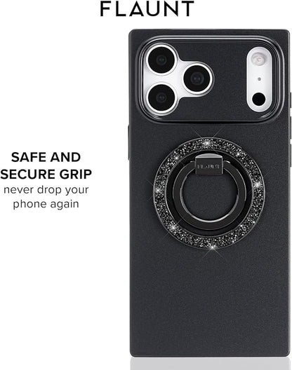 Flaunt MagSafe Ring Phone Stand - Limited Edition Magnetic Phone Grip - Slim, Collapsible Ring Holder & Stand - Detachable, 360° Rotation - Compatible with All MagSafe Cases - Black Crystal Elegance
