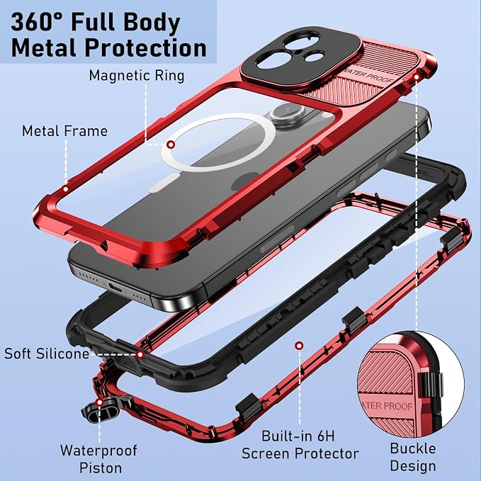 WIFORT for iPhone 16 Waterproof Case - Metal Heavy Duty [Built-in Screen Protector] [14FT Military Shockproof] [Fit for MagSafe], IP68 Full Body Rugged Water Proof Magnetic Cover, 6.1" Red