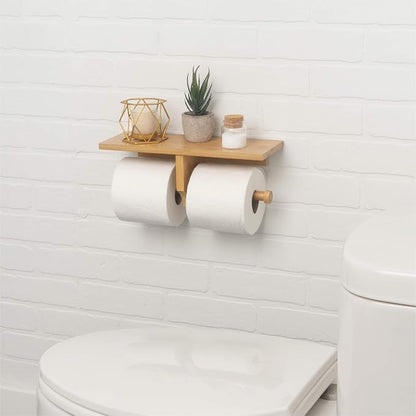 Modern Hanging Wall Mount Natural Bamboo Double Dual Toilet Paper Holder with Convenience Shelf Tray for Toilet Paper, Phone, Plants, Decor, and Other Accessories