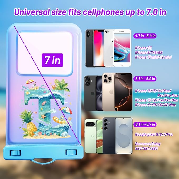 Personalized Initial Waterproof Phone Pouch Case - IPX8 Cellphone Dry Bag with Lanyard for iPhone 16/15/14/13/12 Pro Max (6.1–6.9"), Beach & Cruise Ship Essentials with Monogrammed Design (Blue, T)