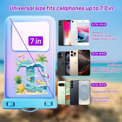 Personalized Initial Waterproof Phone Pouch Case - IPX8 Cellphone Dry Bag with Lanyard for iPhone 16/15/14/13/12 Pro Max (6.1–6.9"), Beach & Cruise Ship Essentials with Monogrammed Design (Blue, T)