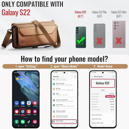 Strapurs Crossbody Wallet Case Compatible with Samsung Galaxy S22 5G RFID Blocking Card Holder Soft PU Leather Magnetic Snap Shoulder Strap Zipper Pocket Phone Case Fit for Galaxy S22 6.1" - Brown