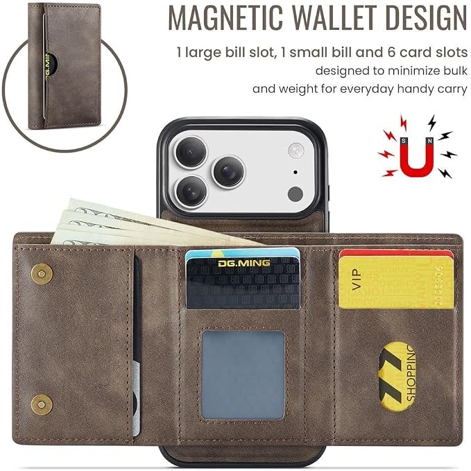 Wallet Case for iPhone 17 Pro Max/17/17 Pro/17 Air, Magnetic 2 in 1 Detachable Back Card Slots Heavy Duty Protection Cover Kickstand Supports Wireless Charging Case (17Pro,Brass)