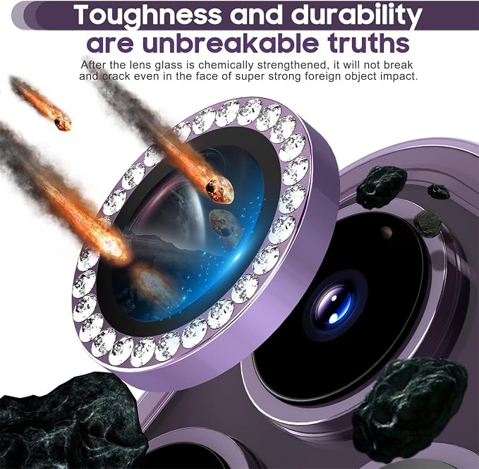 Suoman for iPhone 14 Pro Max / 14 Pro Camera Lens Protector, [Diamonds Bling] 9H Tempered Glass, Full Coverage Metal Protective Cover - Diamond Purple