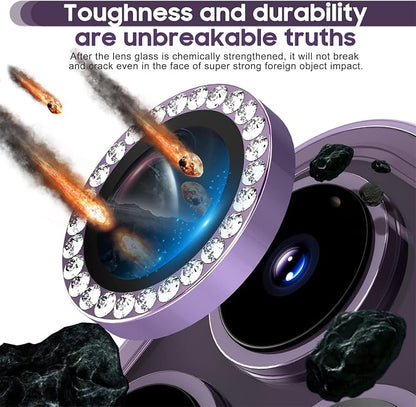 Suoman for iPhone 14 Pro Max / 14 Pro Camera Lens Protector, [Diamonds Bling] 9H Tempered Glass, Full Coverage Metal Protective Cover - Diamond Purple