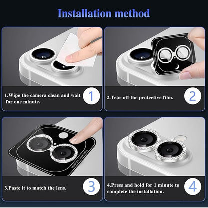 ShinKin Camera Lens Protector for iPhone 16/iPhone 16 Plus, Bling Glitter Camera Cover, 9H Tempered Glass Individual Metal Ring Camera Protector for iPhone 16/iPhone 16 Plus (Diamond - Silver)