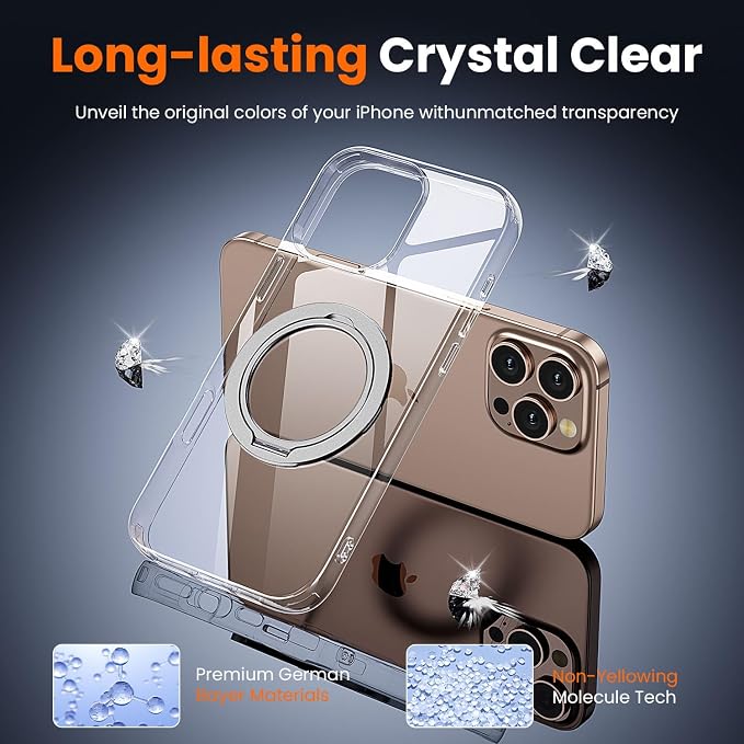 3 in 1 for iPhone 16 Pro Case Clear with Stand,Not Yellowing,Flexible Stable Stand,Kickstand,fits MagSafe,Military-Grade Protection Phone case for iPhone 16 pro Clear - Ring Holder