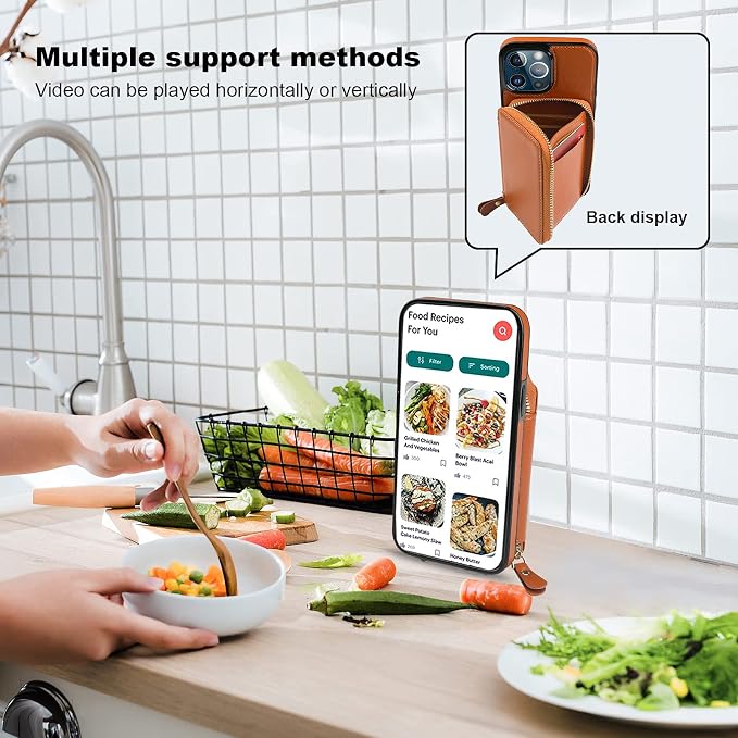Bocasal RFID Blocking Wallet Case for iPhone 13 Pro Max, Adjustable Crossbody Zipper Purse with Kickstand and Detachable Wrist Strap, PU Leather Flip Folio Case 6.7 Inch 5G (Brown)