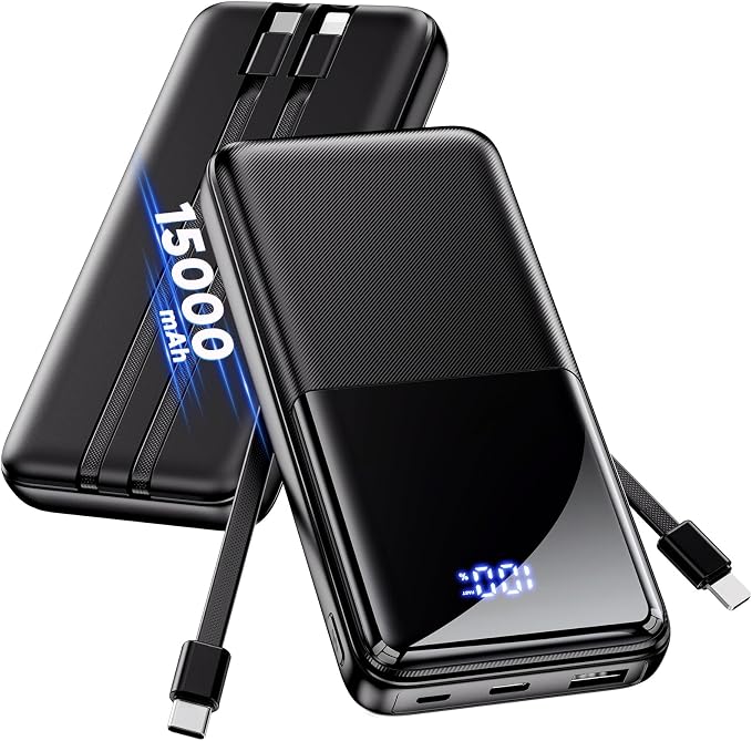Portable Charger Power Bank - Slim 15000mAh 50% Larger Capacity Battery Pack, USB C 22.5W Fast Charging Powerbank with Built-in Cable, Travel Essential Phone Charger for iPhone Samsung Google Android