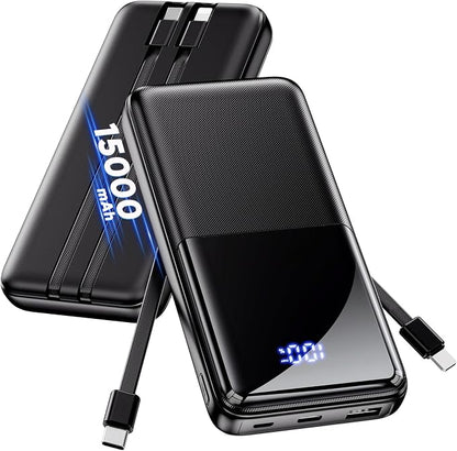 Portable Charger Power Bank - Slim 15000mAh 50% Larger Capacity Battery Pack, USB C 22.5W Fast Charging Powerbank with Built-in Cable, Travel Essential Phone Charger for iPhone Samsung Google Android