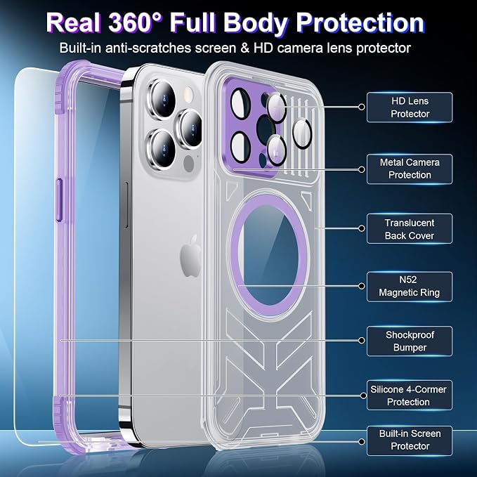 Temdan Magnetic for iPhone 15 Pro Max Case Waterproof,[Built-in Screen & Camera Protector][Full Body Shockproof][IP68 Underwater][Dustproof] Shockproof Phone Case for iPhone 15 Pro Max 6.7"-Purple