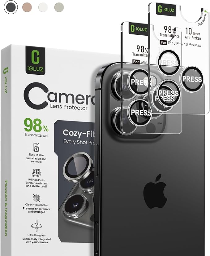 iGluz 2 Pack Anti-Reflection Camera Lens Protector for iPhone 16 Pro/iPhone 16 Pro Max [98% Transmittance][1-Step Installation Tray][Strong Adsorption] 9H Shatterproof Tempered Glass-Transparent