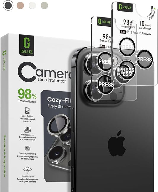iGluz 2 Pack Anti-Reflection Camera Lens Protector for iPhone 16 Pro/iPhone 16 Pro Max [98% Transmittance][1-Step Installation Tray][Strong Adsorption] 9H Shatterproof Tempered Glass-Transparent
