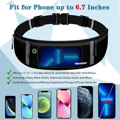 Running Belt Women Men, Fanny Pack Waist Bag, Phone Holder for Running Workout Plus Size Waterproof Adjustable Belt Bag for iPhone 16 15 14 13 12 Pro Max Samsung 2 Pack (Pure Black+Black Green)